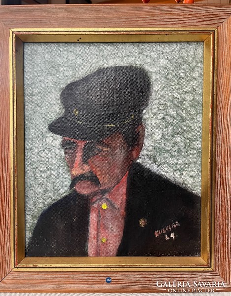 Kulcsár József festő (1921- ) "Pensioner" (nyugdíjas) 1965, régi olaj festmény Malmö 1976.