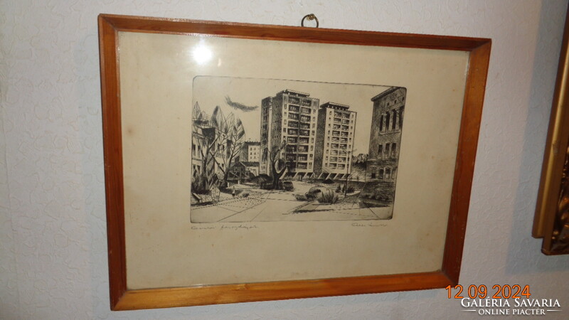 Kelle S.  Komlói toronyházak  , szoc reál rézkarc   51 x 38 cm
