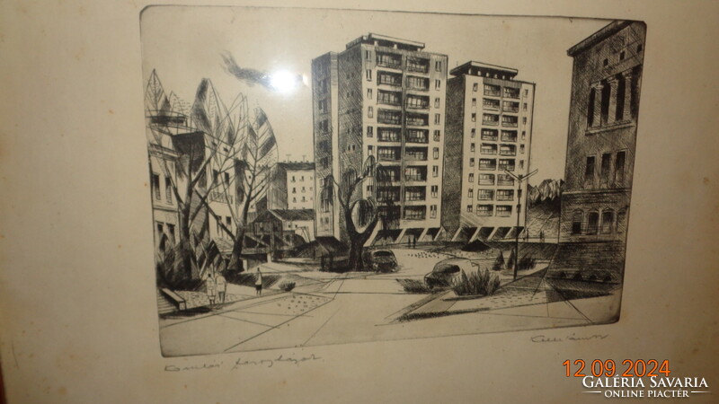 Kelle S.  Komlói toronyházak  , szoc reál rézkarc   51 x 38 cm