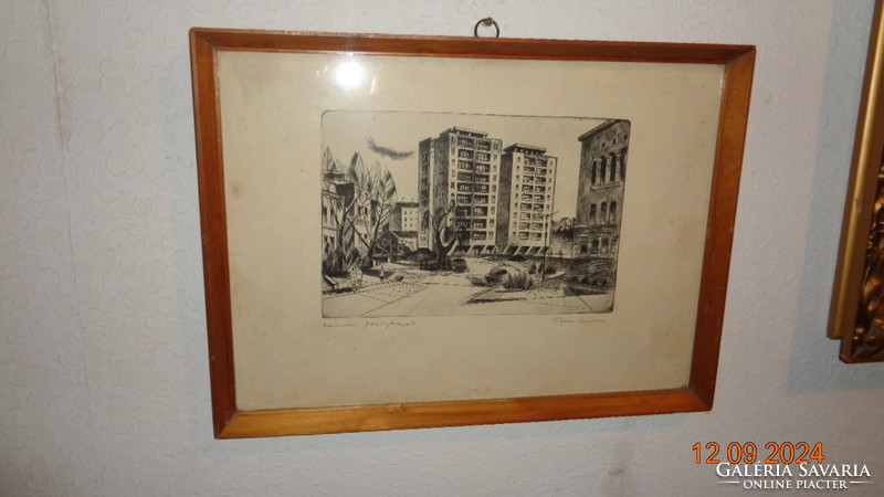 Kelle S.  Komlói toronyházak  , szoc reál rézkarc   51 x 38 cm