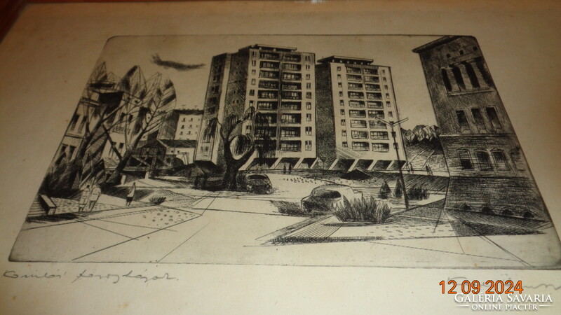 Kelle S.  Komlói toronyházak  , szoc reál rézkarc   51 x 38 cm