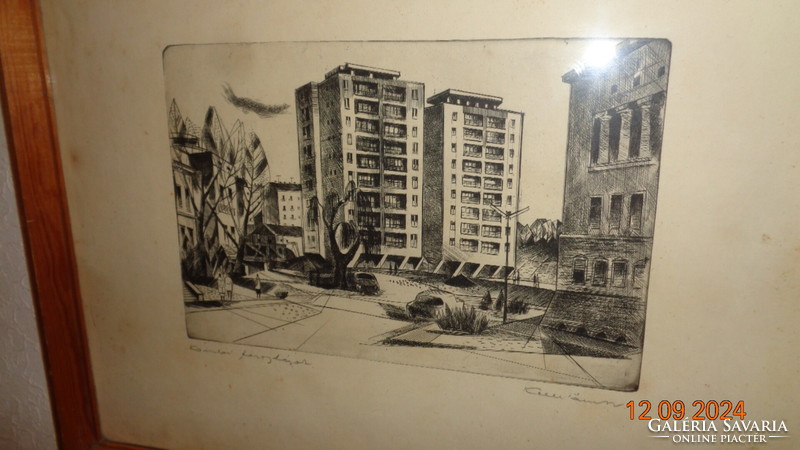 Kelle S.  Komlói toronyházak  , szoc reál rézkarc   51 x 38 cm