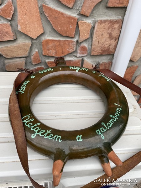 36.5 cm Hatalmas  retro kerámia népi írásos pereckulacs kulacs  falusi paraszti nosztalgia dekoráció