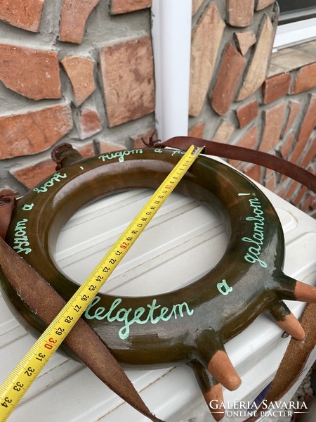 36.5 cm Hatalmas  retro kerámia népi írásos pereckulacs kulacs  falusi paraszti nosztalgia dekoráció