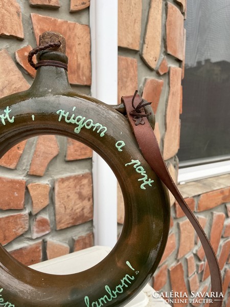 36.5 cm Hatalmas  retro kerámia népi írásos pereckulacs kulacs  falusi paraszti nosztalgia dekoráció