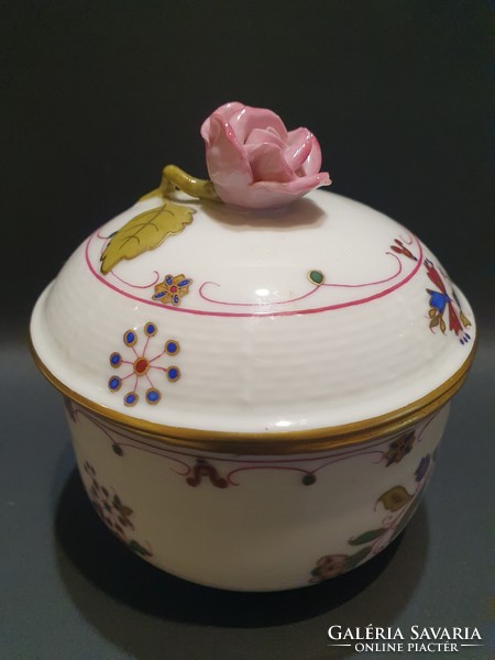 Herendi MHG porcelán bonbonier cukortartó aranykontúrral festve