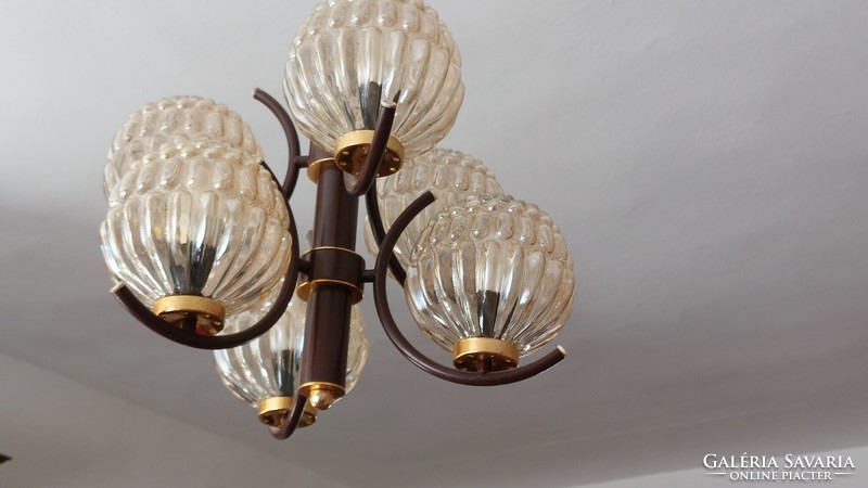 Retro,vintage szarvasi 6 ágú külonleges üveg burás csillár, mennyezeti lámpa, mid century,space age