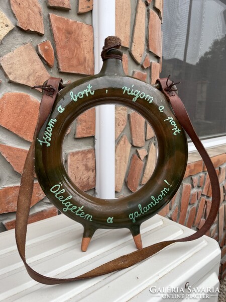 36.5 cm Hatalmas  retro kerámia népi írásos pereckulacs kulacs  falusi paraszti nosztalgia dekoráció