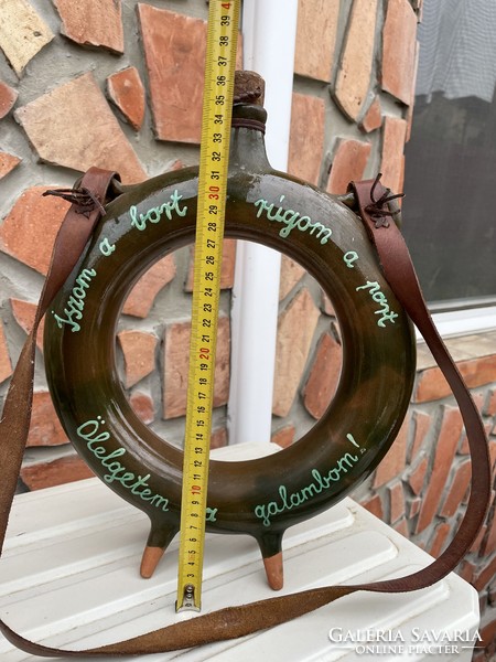 36.5 cm Hatalmas  retro kerámia népi írásos pereckulacs kulacs  falusi paraszti nosztalgia dekoráció