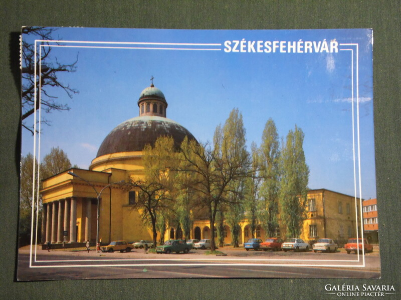 Képeslap,Székesfehérvár,Prohászka Ottokár emléktemplom,autó látkép,részletek, 1988-