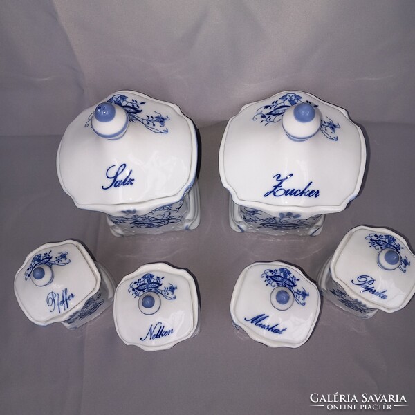 Gyönyörű, 6 db porcelán, fedeles, Kék-fehér fűszertartó.