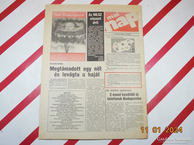 Retro old newspaper - Mai nap - Independent Illustrated Newspaper - April 25, 1990 - Birthday gift