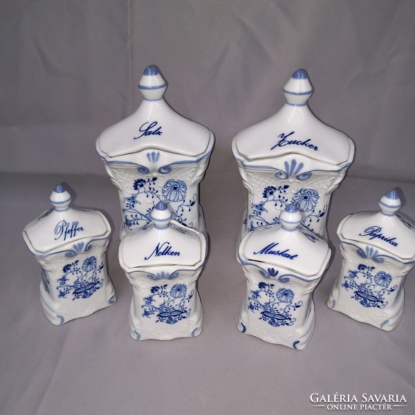 Gyönyörű, 6 db porcelán, fedeles, Kék-fehér fűszertartó.