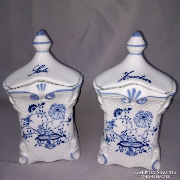 Gyönyörű, 6 db porcelán, fedeles, Kék-fehér fűszertartó.