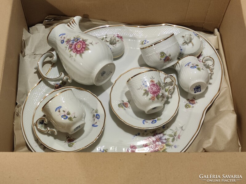 Hollóházi porcelán hajnalka mintás kétszemélyes kávés készlet süteményes kínálóval original csomag