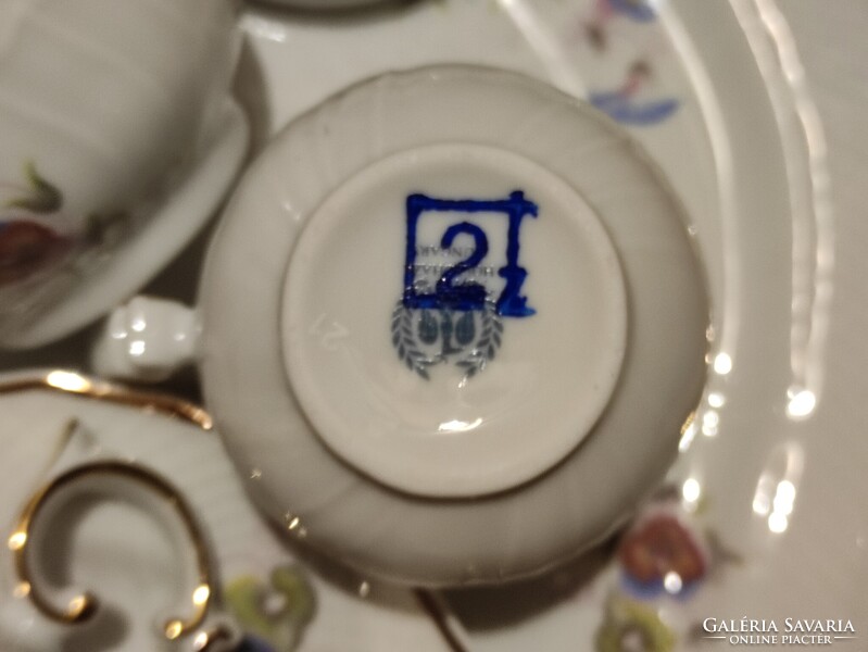 Hollóházi porcelán hajnalka mintás kétszemélyes kávés készlet süteményes kínálóval original csomag