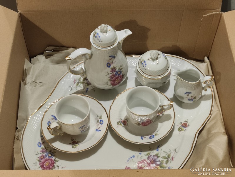 Hollóházi porcelán hajnalka mintás kétszemélyes kávés készlet süteményes kínálóval original csomag