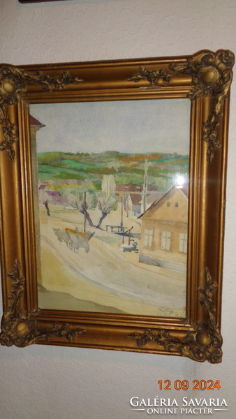 Gebauer Ernő : Szilágy  c. akvarellje , blondell keret és üveg alatt  30 x 40 cm  és 39 x 43 cm