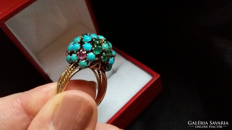 Csodálatos rubin-smaragd türkiz gyűrű 585 arany