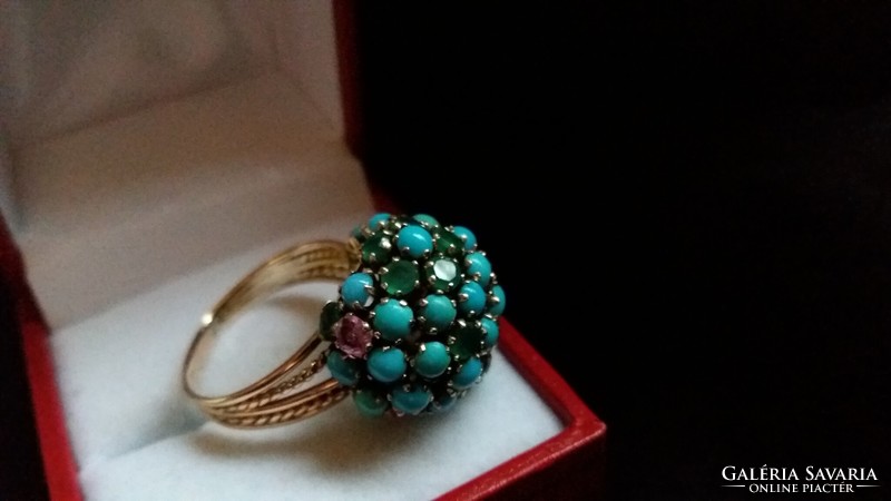 Csodálatos rubin-smaragd türkiz gyűrű 585 arany