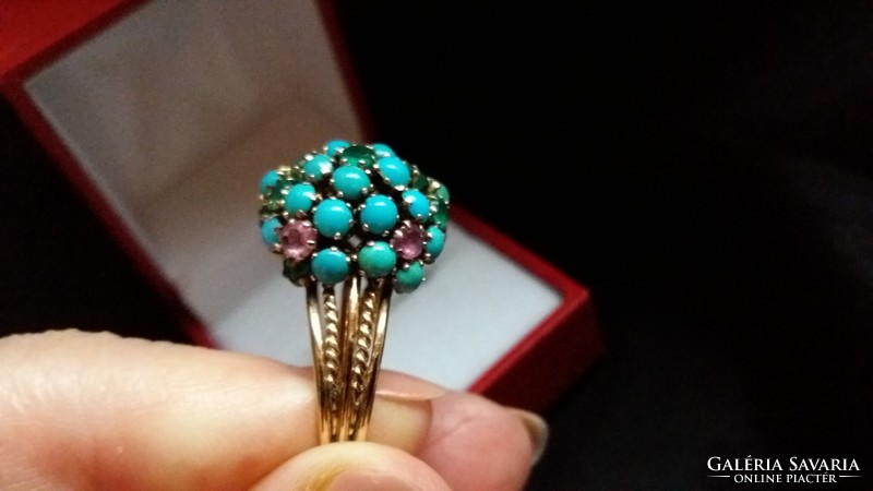 Csodálatos rubin-smaragd türkiz gyűrű 585 arany