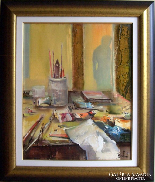 Budai László "Ecsetek" című olaj/farost, 40x50 cm+ keret