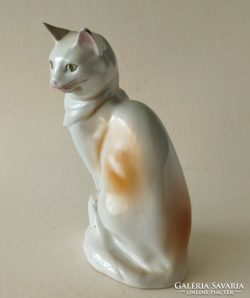 RÉGI SZÉP KÉZZEL FESTETT HOLLÓHÁZI PORCELÁN NAGY CICA FIGURA,SZOBOR