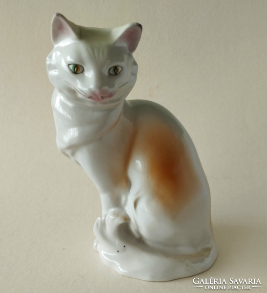 RÉGI SZÉP KÉZZEL FESTETT HOLLÓHÁZI PORCELÁN NAGY CICA FIGURA,SZOBOR