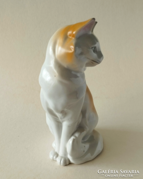 RÉGI SZÉP KÉZZEL FESTETT HOLLÓHÁZI PORCELÁN NAGY CICA FIGURA,SZOBOR