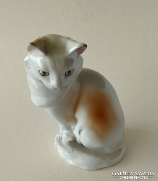 RÉGI SZÉP KÉZZEL FESTETT HOLLÓHÁZI PORCELÁN NAGY CICA FIGURA,SZOBOR