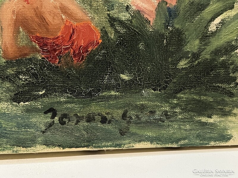 Boross Géza (1908-1971) Nyaralás a Balatonon (olaj,vászon 80x100 cm) /számlát adunk/