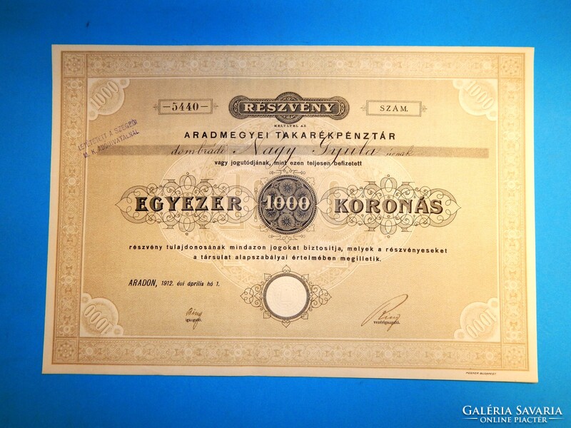 Arad - Részvény Erdély Arad 1912, dombrádi Nagy Gyula református tiszteletes részére kiállítva