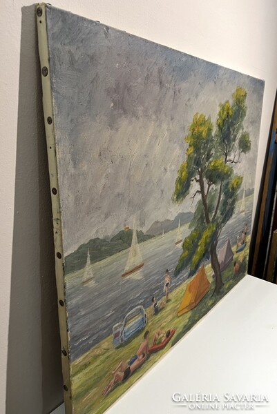 Boross Géza (1908-1971) Nyaralás a Balatonon (olaj,vászon 80x100 cm) /számlát adunk/