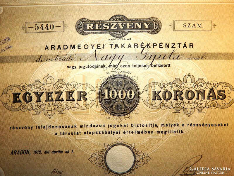 Arad - Részvény Erdély Arad 1912, dombrádi Nagy Gyula református tiszteletes részére kiállítva