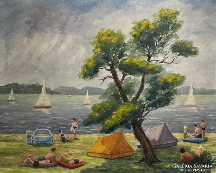 Boross Géza (1908-1971) Nyaralás a Balatonon (olaj,vászon 80x100 cm) /számlát adunk/