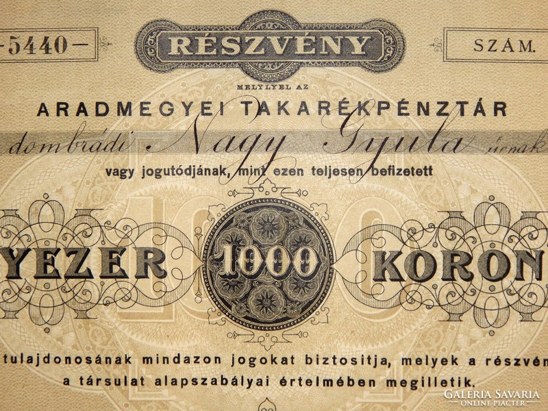 Arad - Részvény Erdély Arad 1912, dombrádi Nagy Gyula református tiszteletes részére kiállítva