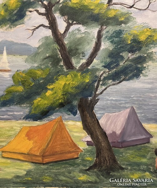 Boross Géza (1908-1971) Nyaralás a Balatonon (olaj,vászon 80x100 cm) /számlát adunk/