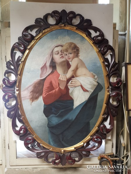 Pammer János "Madonna a Kisdeddel" olaj-vászon, faragott florentin keretben