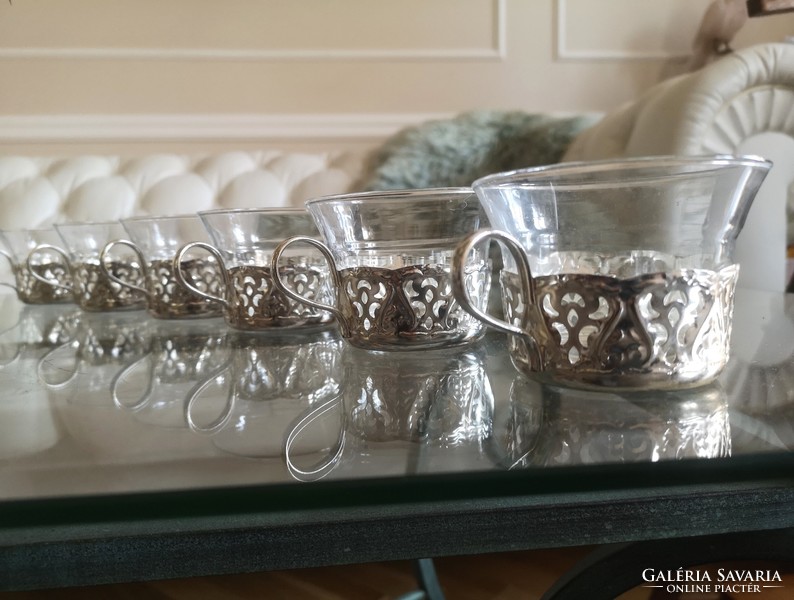 Ezüstözött kávéskészlet 6 hőálló üvegbetét, 6 foglalat, capuccino, kávés