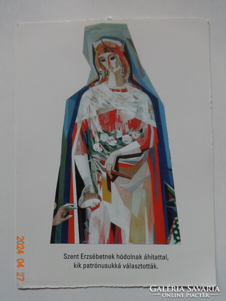 Régi grafikus vallásos üdvözlő képeslap, postatiszta (Szent Erzsébet) - Prokop Péter rajz, 1962