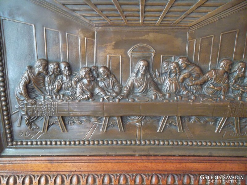 Antik jelzett Utolsó vacsora relief ökörszemes keretben