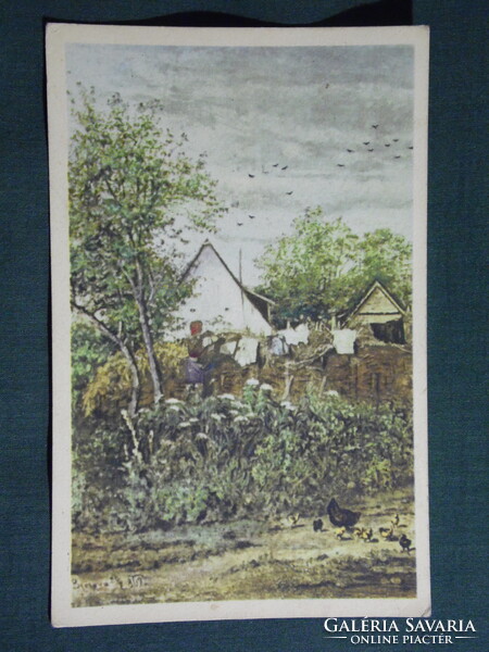 Képeslap, Paál László festmény, Falusi ház, látkép1955-