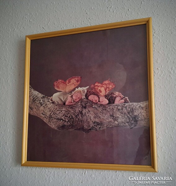 Különböző keretezett faliképek üveg előlappal, Anne Geddes fotókkal