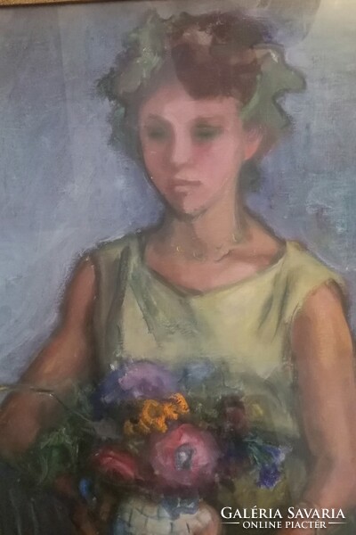 Gráber Margit- Leány virággal, olaj-vászon 70x90 cm
