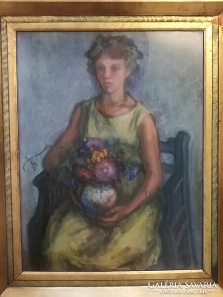 Gráber Margit- Leány virággal, olaj-vászon 70x90 cm