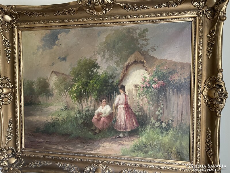 ÁCS ÁGOSTON - Fiatalok a ház előtt..75x100+kerete..