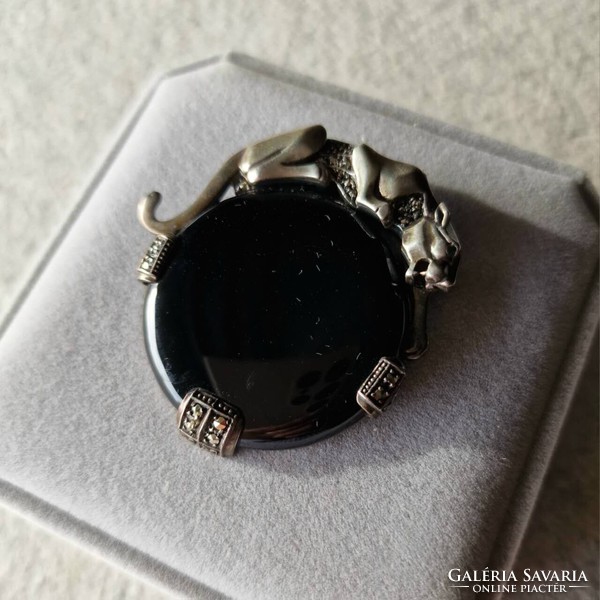 1920 - 30s Art Deco era, 925 silver onyx leopard pendant brooch dual-purpose