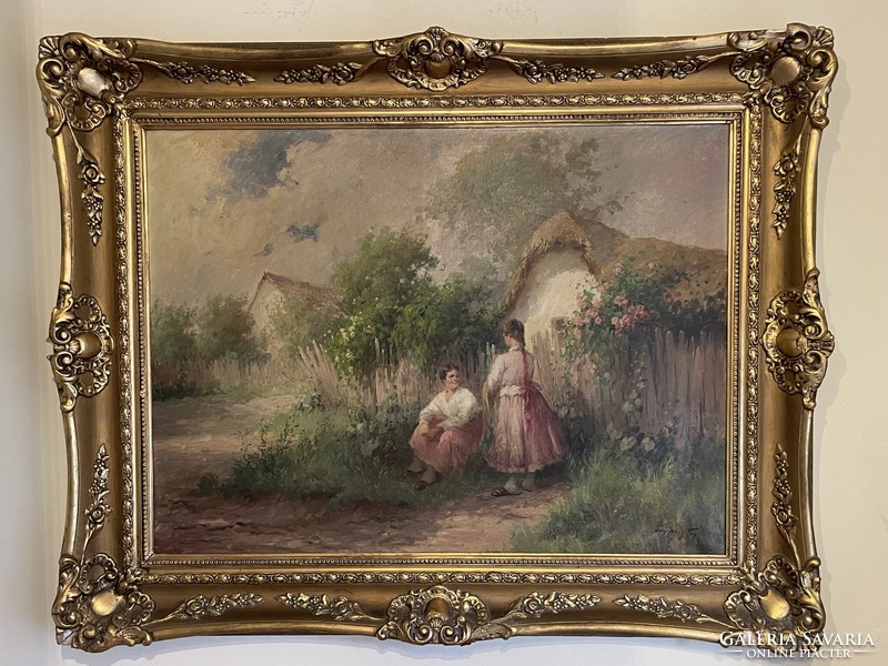 ÁCS ÁGOSTON - Fiatalok a ház előtt..75x100+kerete..