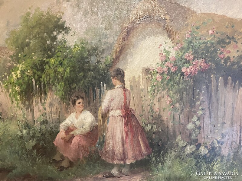 ÁCS ÁGOSTON - Fiatalok a ház előtt..75x100+kerete..
