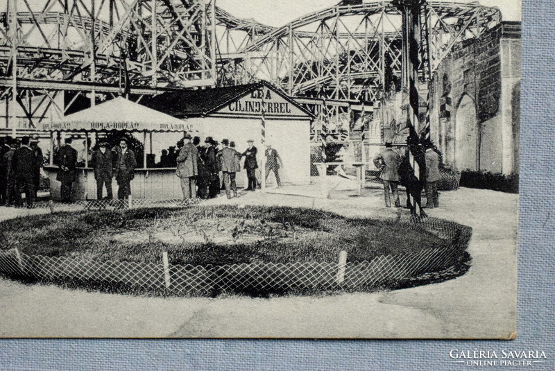 Budapest - Angol Park - Amerikai magasvasút , Le a cilinderrel , hiplá-hoplá -  antik képeslap  1903